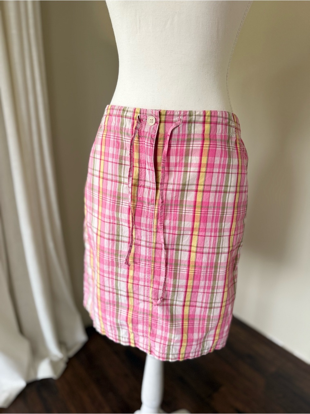 Vintage The Limited Y2K Pink & Green Plaid Tie-Waist Cotton Skirt Stripes Size 4 - Picture 4 of 7